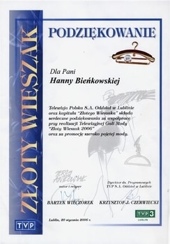 podziękowanie Złoty Wieszak